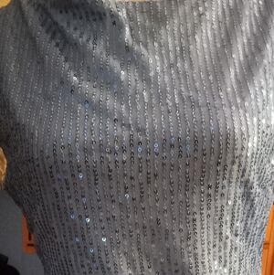 New,tag,sequin medium blue top boat neck,cap sleeves,low open back. 100% poly m